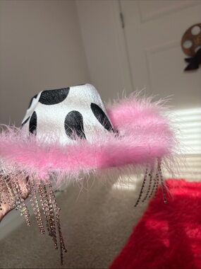 Pink Feather-Trimmed Cow Print Mini Hat